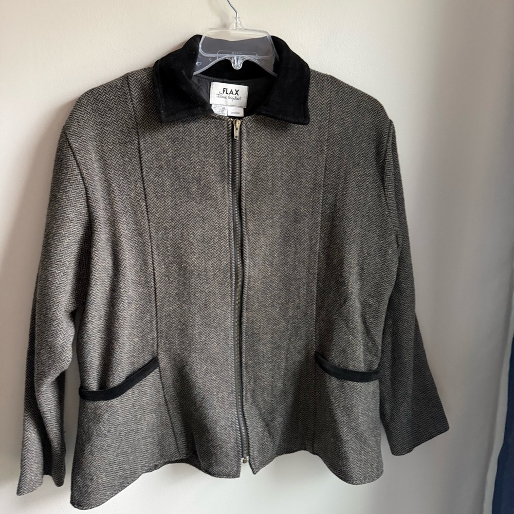 FLAX by Jeanne Englehart Wool Tweed Blazer Full Zip Jacket Velour Trim Large